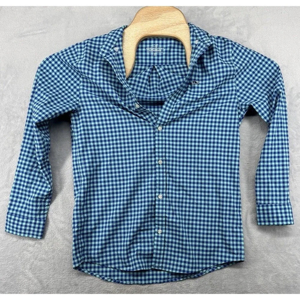 Vineyard Vines Peformance Shirt Blue Plaid Button Down Youth Boys Size‎ M 12-14